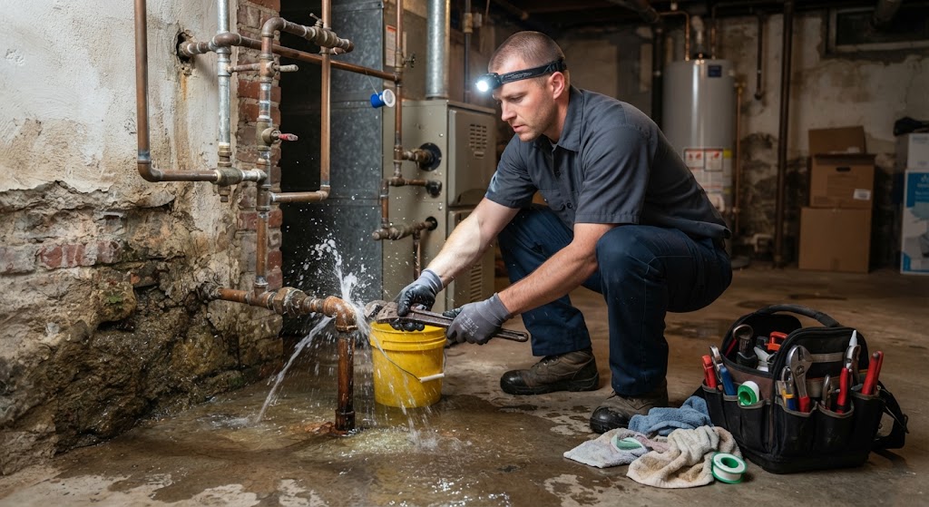Plumber urgently stopping a burst pipe with water gushing in a flooded Berkeley Township basement