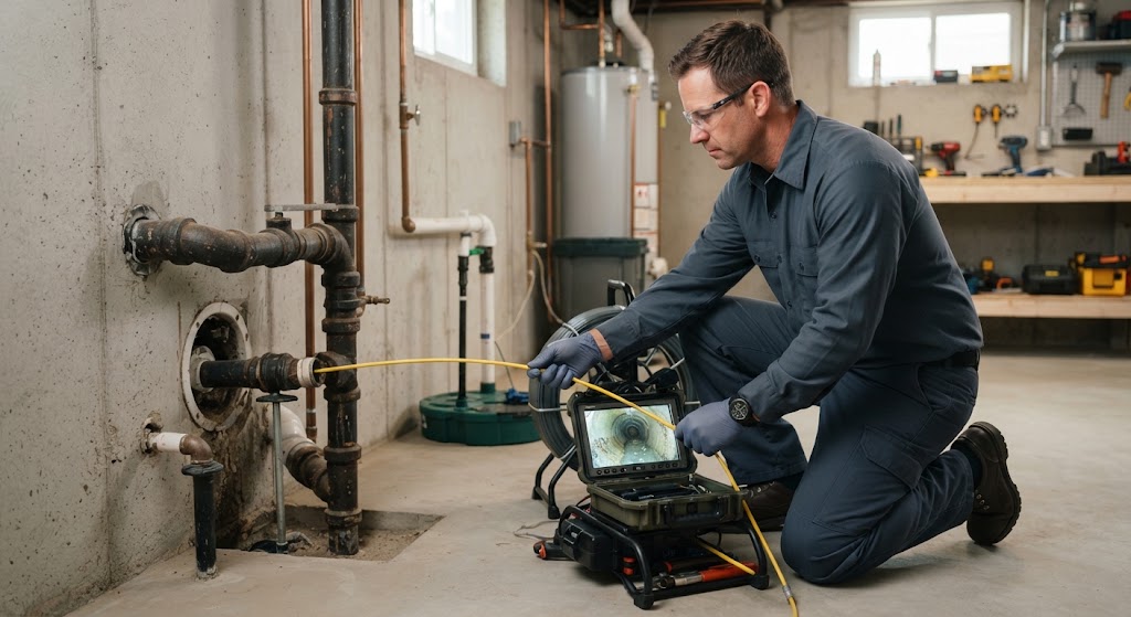 Technician using pipe inspection camera to locate a slab leak