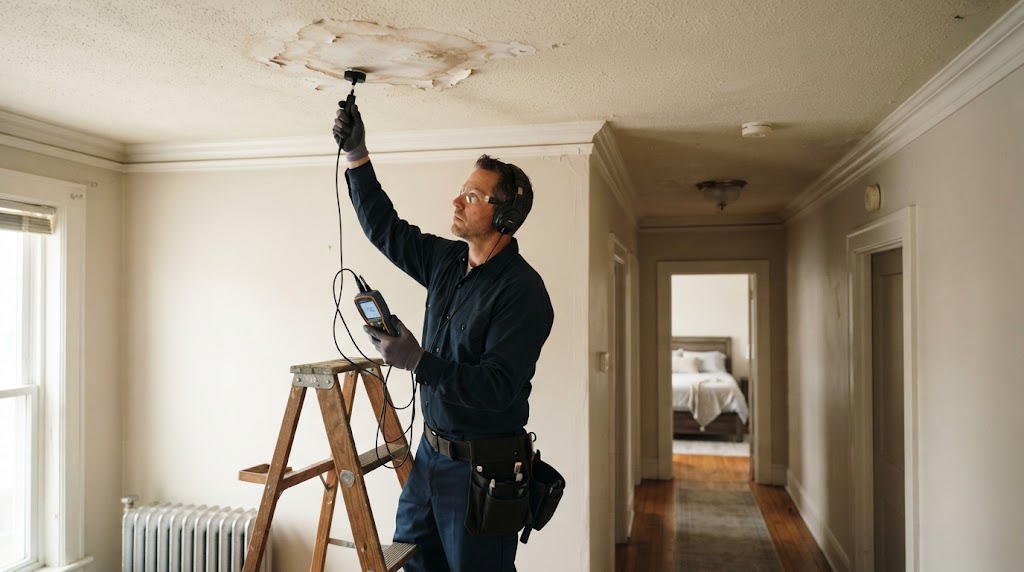 Technician with acoustic headset and probe detecting a ceiling leak stain