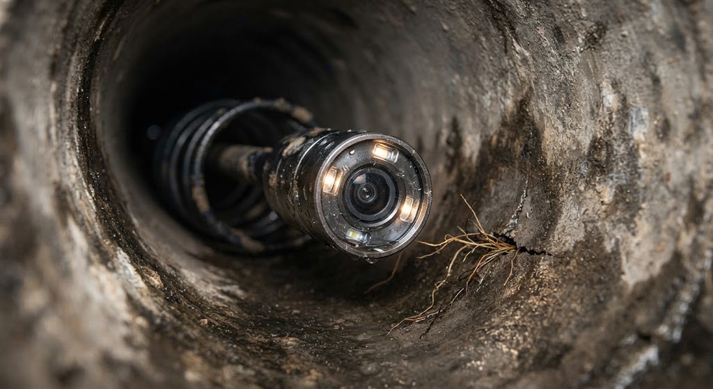 Camera inspection inside an underground pipe showing crack and root intrusion