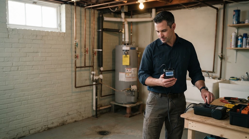 Specialist with acoustic detection device in a Berkeley Township basement