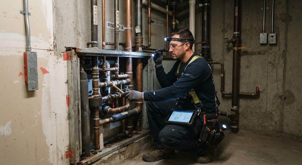 Technician inspecting copper riser pipes with headlamp and tablet in a mechanical room