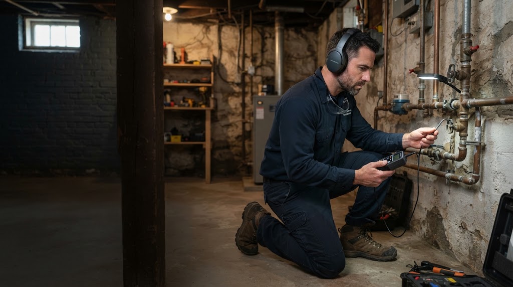 Technician using acoustic listening equipment to detect slab leaks in a Berkeley Township basement