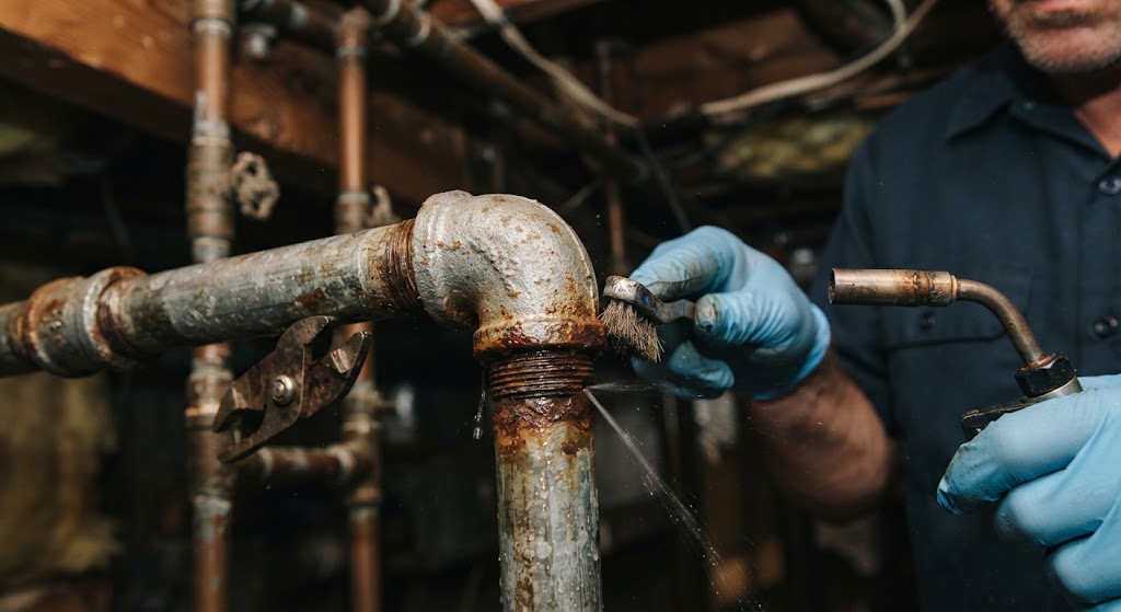 Heavily corroded and leaking galvanized pipe fitting in a crawlspace