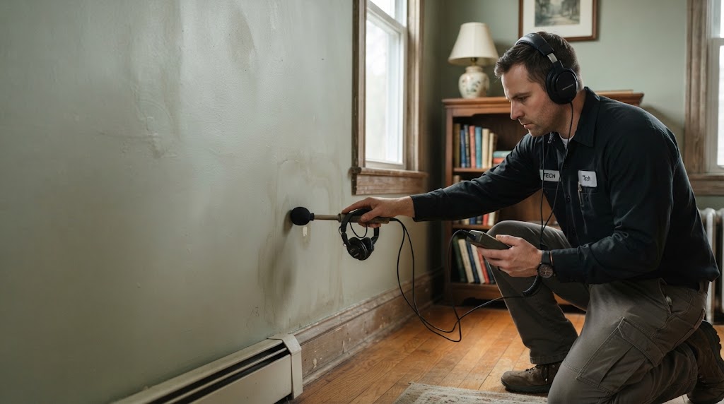 Technician with acoustic headphones tracing a pipe leak through a wall